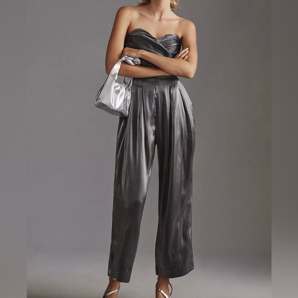 Anthropologie NEW Strapless Shine Jumpsuit Carbon Silver Size US 10 Party Formal